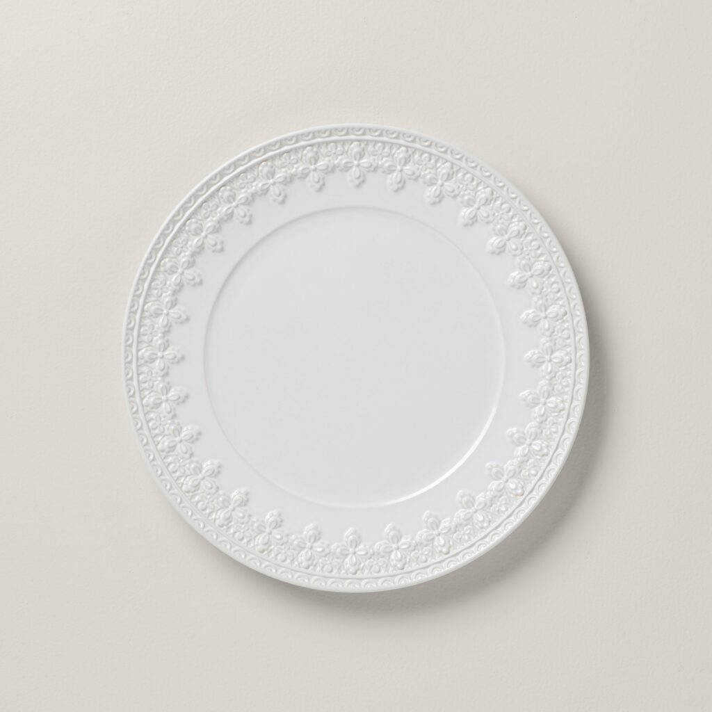 White Quatrefoil Embossed Dinner Plate